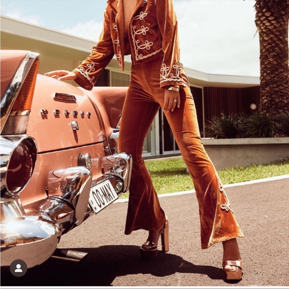 Nine Lives Bazaar Zeppelin Flare Velvet Pants in Rust. Size AUS6 Tall/US 2 Tall